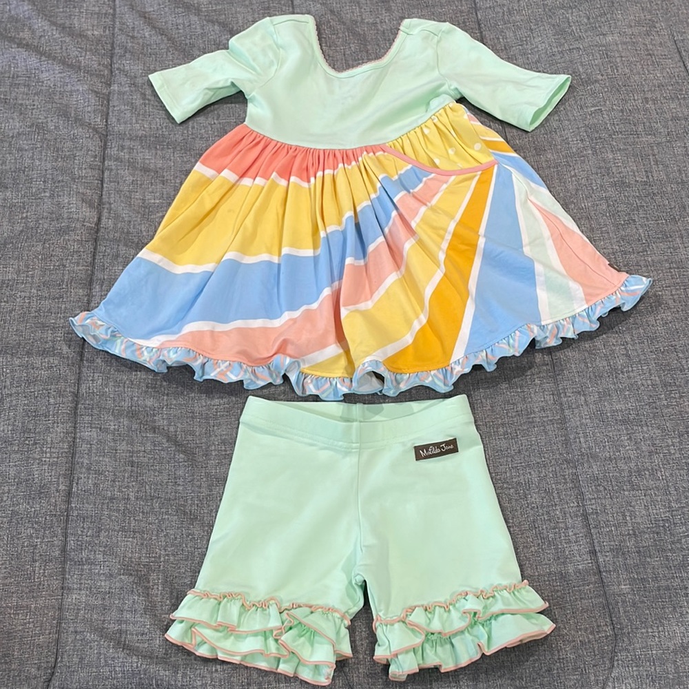 Matilda Jane Mint Multicolor Striped Dress and Ruffle Shorts Set